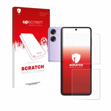 Vorderseite einer Produktverpackung mit dem Markenlogo upscreen. Daneben ist das Gerät Oppo Find N2 Flip (Display+Kamera) mit 