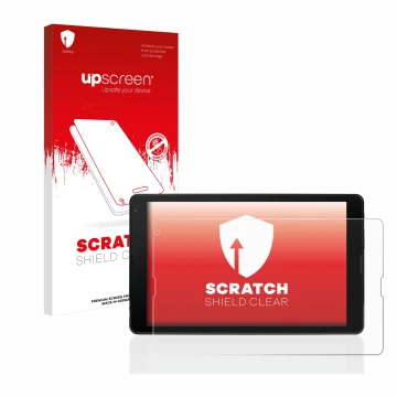 Vorderseite einer Produktverpackung mit dem Markenlogo upscreen. Daneben ist das Gerät MEDION Tablet E10421 10,1