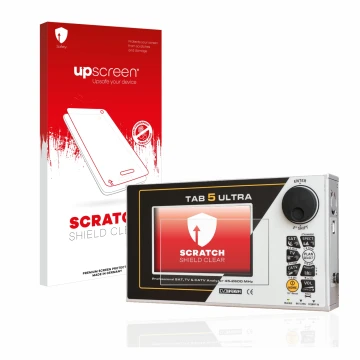 Vorderseite einer Produktverpackung mit dem Markenlogo upscreen. Daneben ist das Gerät Rover TAB 5 ULTRA mit dem zugehörigen D