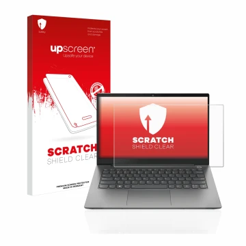 Vorderseite einer Produktverpackung mit dem Markenlogo upscreen. Daneben ist das Gerät Lenovo ThinkBook 14 Gen 4 mit dem zugeh