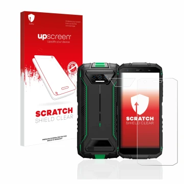 Vorderseite einer Produktverpackung mit dem Markenlogo upscreen. Daneben ist das Gerät Doogee S41 Pro (Display+Kamera) mit dem