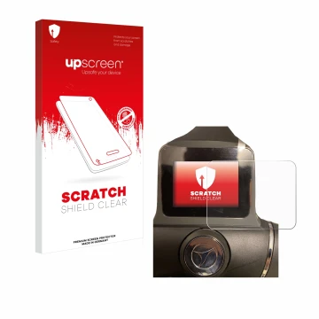 Vorderseite einer Produktverpackung mit dem Markenlogo upscreen. Daneben ist das Gerät Motocaddy M1 DHC Electric Trolley mit d