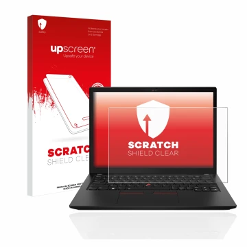 Vorderseite einer Produktverpackung mit dem Markenlogo upscreen. Daneben ist das Gerät Lenovo ThinkPad X13 Gen 3 mit dem zugeh