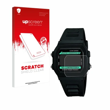 Vorderseite einer Produktverpackung mit dem Markenlogo upscreen. Daneben ist das Gerät Casio W-86-1VQES mit dem zugehörigen Di