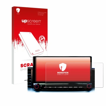 Vorderseite einer Produktverpackung mit dem Markenlogo upscreen. Daneben ist das Gerät Kia Xceed 2023 Infotainment System mit 