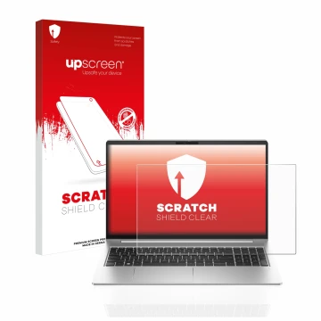 Vorderseite einer Produktverpackung mit dem Markenlogo upscreen. Daneben ist das Gerät HP ProBook 450 G10 mit dem zugehörigen 