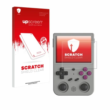 Vorderseite einer Produktverpackung mit dem Markenlogo upscreen. Daneben ist das Gerät Anbernic RG353V mit dem zugehörigen Dis