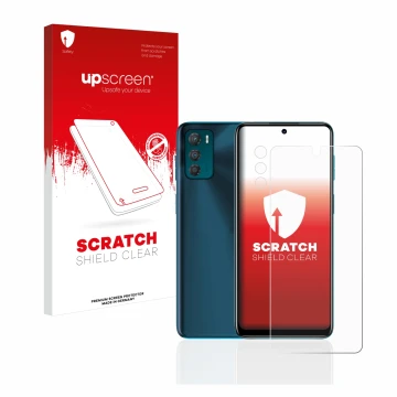 Vorderseite einer Produktverpackung mit dem Markenlogo upscreen. Daneben ist das Gerät Motorola Moto G42 (Display+Kamera) mit 