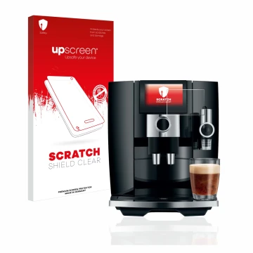Vorderseite einer Produktverpackung mit dem Markenlogo upscreen. Daneben ist das Gerät Jura J8 mit dem zugehörigen Displayschu