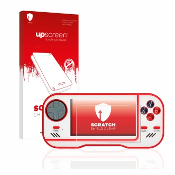 Vorderseite einer Produktverpackung mit dem Markenlogo upscreen. Daneben ist das Gerät Blaze Evercade mit dem zugehörigen Disp