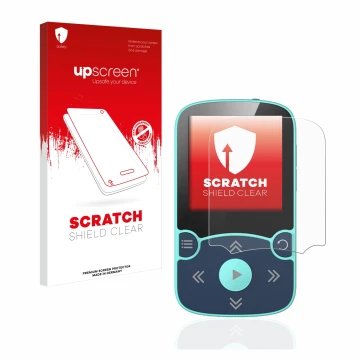 Vorderseite einer Produktverpackung mit dem Markenlogo upscreen. Daneben ist das Gerät AGPtek A65X MP3 Player with clip mit de