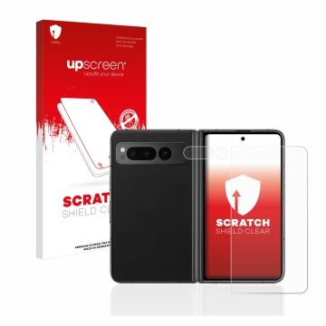 Vorderseite einer Produktverpackung mit dem Markenlogo upscreen. Daneben ist das Gerät Google Pixel Fold (Display+Kamera) mit 