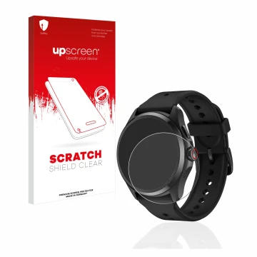 Vorderseite einer Produktverpackung mit dem Markenlogo upscreen. Daneben ist das Gerät Mobvoi TicWatch Pro 5 mit dem zugehörig