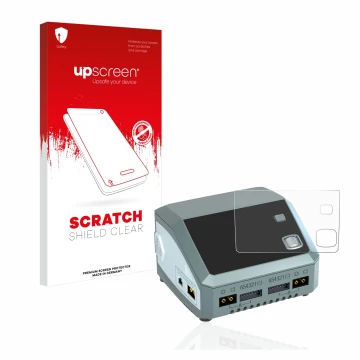 Vorderseite einer Produktverpackung mit dem Markenlogo upscreen. Daneben ist das Gerät SkyRc D200 neo mit dem zugehörigen Disp