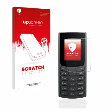 Vorderseite einer Produktverpackung mit dem Markenlogo upscreen. Daneben ist das Gerät Nokia 110 (2023) mit dem zugehörigen Di