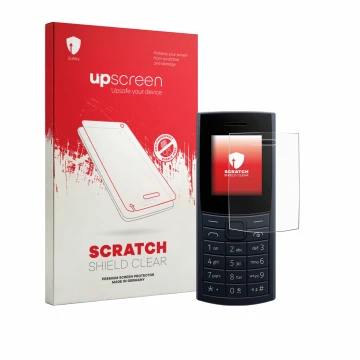 Vorderseite einer Produktverpackung mit dem Markenlogo upscreen. Daneben ist das Gerät Nokia 110 4G (2023) mit dem zugehörigen