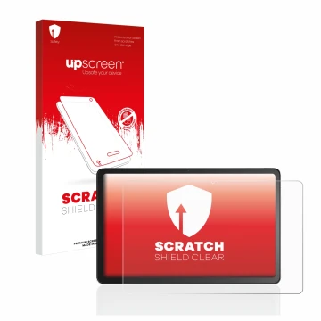 Vorderseite einer Produktverpackung mit dem Markenlogo upscreen. Daneben ist das Gerät Amazon Fire Max 11 mit dem zugehörigen 