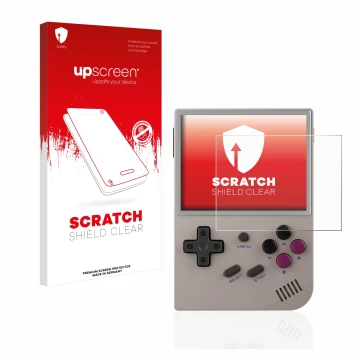 Vorderseite einer Produktverpackung mit dem Markenlogo upscreen. Daneben ist das Gerät Anbernic RG35XX mit dem zugehörigen Dis