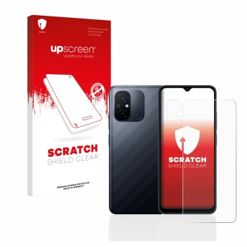 Vorderseite einer Produktverpackung mit dem Markenlogo upscreen. Daneben ist das Gerät Xiaomi Redmi 12C (Display+Kamera) mit d