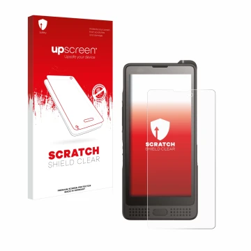 Vorderseite einer Produktverpackung mit dem Markenlogo upscreen. Daneben ist das Gerät Sonim XP10 mit dem zugehörigen Displays