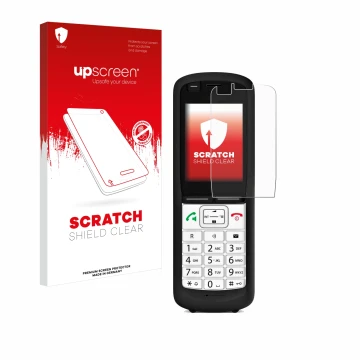 Vorderseite einer Produktverpackung mit dem Markenlogo upscreen. Daneben ist das Gerät Unify OpenScape DECT Phone R6 mit dem z