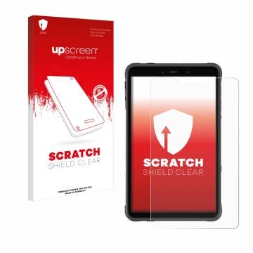 Vorderseite einer Produktverpackung mit dem Markenlogo upscreen. Daneben ist das Gerät Ulefone Armor Pad 8 mit dem zugehörigen