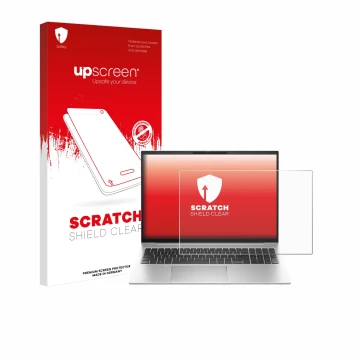 Vorderseite einer Produktverpackung mit dem Markenlogo upscreen. Daneben ist das Gerät HP EliteBook 860 G10 mit dem zugehörige