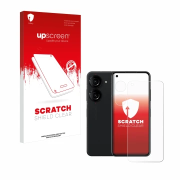 Vorderseite einer Produktverpackung mit dem Markenlogo upscreen. Daneben ist das Gerät ASUS ZenFone 10 (Display+Kamera) mit de