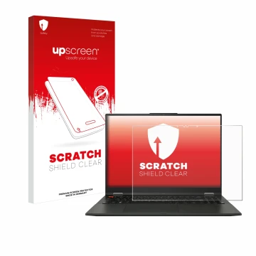 Vorderseite einer Produktverpackung mit dem Markenlogo upscreen. Daneben ist das Gerät ASUS Vivobook S 16 Flip OLED TP3604 mit