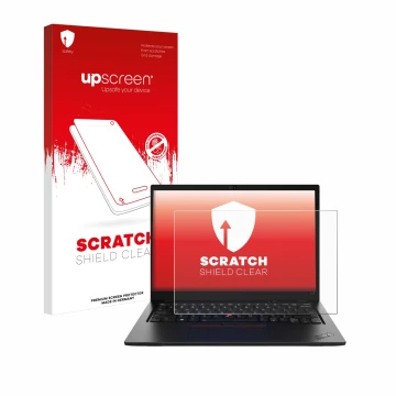 Vorderseite einer Produktverpackung mit dem Markenlogo upscreen. Daneben ist das Gerät Lenovo ThinkPad L13 Gen 4 Touch mit dem