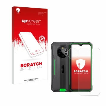 Vorderseite einer Produktverpackung mit dem Markenlogo upscreen. Daneben ist das Gerät Blackview BL8800 5G (Display+Kamera) mi