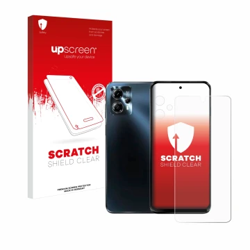 Vorderseite einer Produktverpackung mit dem Markenlogo upscreen. Daneben ist das Gerät Motorola Moto G13 (Display+Kamera) mit 