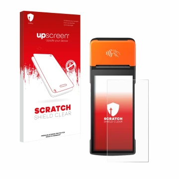 Vorderseite einer Produktverpackung mit dem Markenlogo upscreen. Daneben ist das Gerät Sunmi V2 Pro mit dem zugehörigen Displa