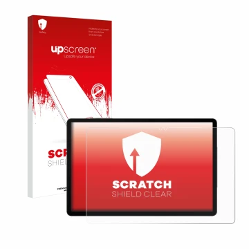 Vorderseite einer Produktverpackung mit dem Markenlogo upscreen. Daneben ist das Gerät Samsung Galaxy Tab S9 5G mit dem zugehö