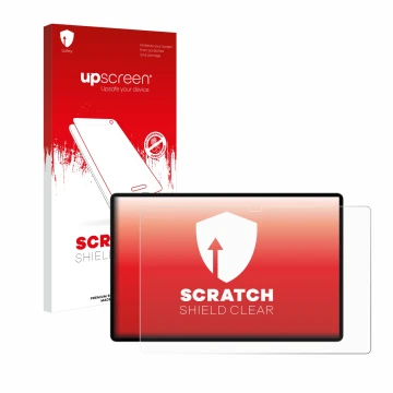 Vorderseite einer Produktverpackung mit dem Markenlogo upscreen. Daneben ist das Gerät Samsung Galaxy Tab S9 Ultra 5G mit dem 