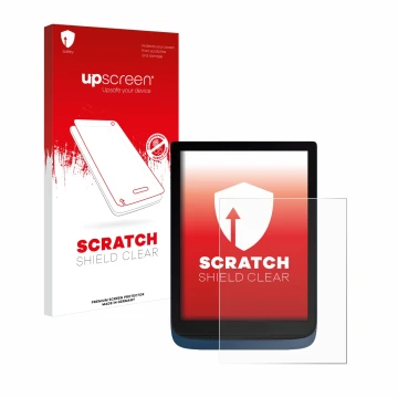Vorderseite einer Produktverpackung mit dem Markenlogo upscreen. Daneben ist das Gerät Vivlio InkPad 3 mit dem zugehörigen Dis