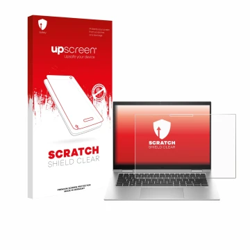 Vorderseite einer Produktverpackung mit dem Markenlogo upscreen. Daneben ist das Gerät HP EliteBook x360 1040 G10 mit dem zuge