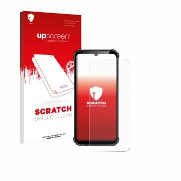 Vorderseite einer Produktverpackung mit dem Markenlogo upscreen. Daneben ist das Gerät Oukitel WP22 mit dem zugehörigen Displa