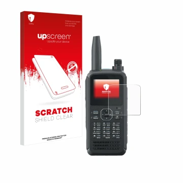 Vorderseite einer Produktverpackung mit dem Markenlogo upscreen. Daneben ist das Gerät Kenwood TH-D75E D-Star mit dem zugehöri