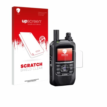 Vorderseite einer Produktverpackung mit dem Markenlogo upscreen. Daneben ist das Gerät Icom ID-50E mit dem zugehörigen Display