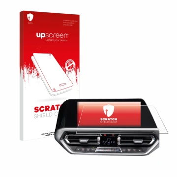 Vorderseite einer Produktverpackung mit dem Markenlogo upscreen. Daneben ist das Gerät BMW 3 G20 2020 mit dem zugehörigen Disp