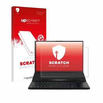 Vorderseite einer Produktverpackung mit dem Markenlogo upscreen. Daneben ist das Gerät ASUS ROG Zephyrus Duo 16 2023 mit dem z