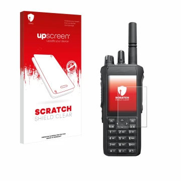 Vorderseite einer Produktverpackung mit dem Markenlogo upscreen. Daneben ist das Gerät Motorola Mototrbo R7 mit dem zugehörige