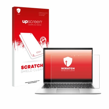 Vorderseite einer Produktverpackung mit dem Markenlogo upscreen. Daneben ist das Gerät HP EliteBook x360 830 G10 mit dem zugeh