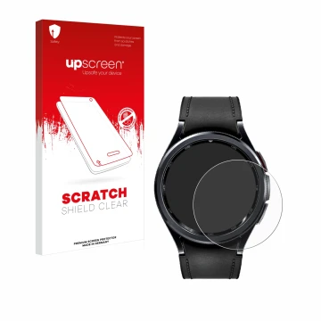Vorderseite einer Produktverpackung mit dem Markenlogo upscreen. Daneben ist das Gerät Samsung Galaxy Watch 6 Classic (47 mm) 