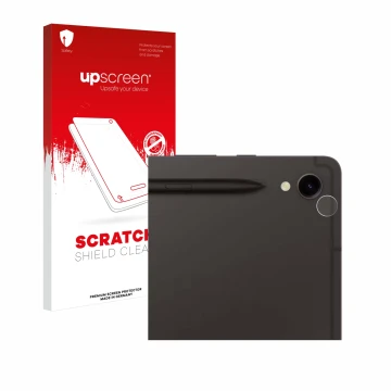 Vorderseite einer Produktverpackung mit dem Markenlogo upscreen. Daneben ist das Gerät Samsung Galaxy Tab S9 5G (NUR Kamerasch