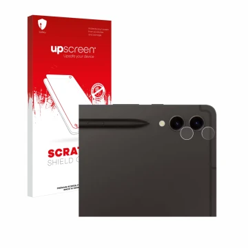 Vorderseite einer Produktverpackung mit dem Markenlogo upscreen. Daneben ist das Gerät Samsung Galaxy Tab S9 Plus 5G (NUR Kame