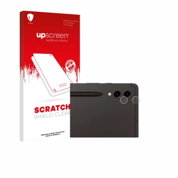 Vorderseite einer Produktverpackung mit dem Markenlogo upscreen. Daneben ist das Gerät Samsung Galaxy Tab S9 Ultra 5G (NUR Kam