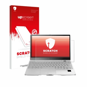 Vorderseite einer Produktverpackung mit dem Markenlogo upscreen. Daneben ist das Gerät Fujitsu Lifebook U9313X mit dem zugehör