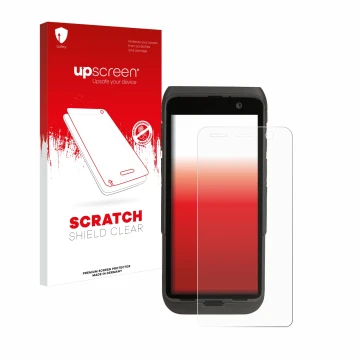 Vorderseite einer Produktverpackung mit dem Markenlogo upscreen. Daneben ist das Gerät Honeywell CT47 mit dem zugehörigen Disp